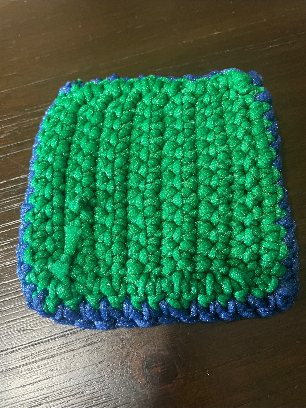 Handmade Crocheted Square Dish scrubber in Green and Blue.